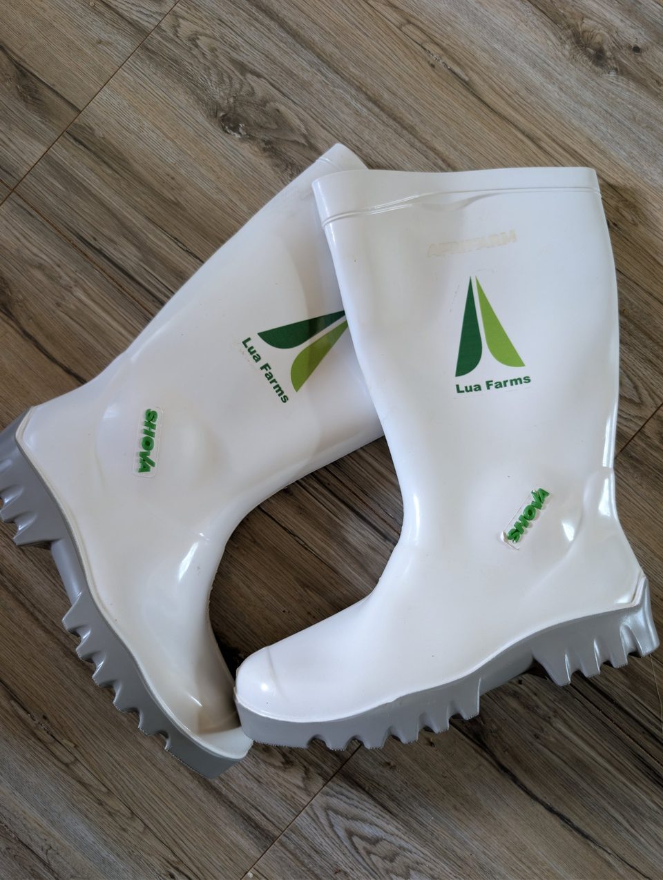 Lua Farms' white work boots, kept for the farm only